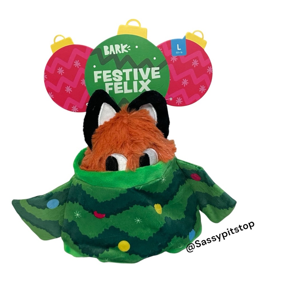 BARK Super Chewer Festive Felix Green Festive Pet Sweater Dog Toy